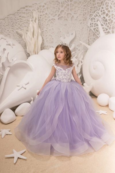 Abiti eleganti lunghi da ragazza di fiore viola con collo gioiello in tulle senza maniche con applicazioni di ballo lungo fino al pavimento su misura per la festa di nozze