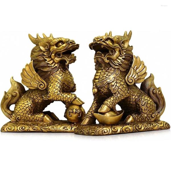Декоративные статуэтки, набор из двух золотых латунных фигурок Чи Линь/Килинь, статуя процветания, китайский шарм, привлечение и удача