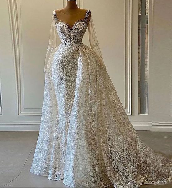 Abiti da sposa bianchi Nuovi abiti da sposa Applique formale in rilievo Personalizzato Cerniera avorio Allacciatura Plus Size Sirena Tromba O-Collo Manica lunga Illusione Pizzo Paillettes