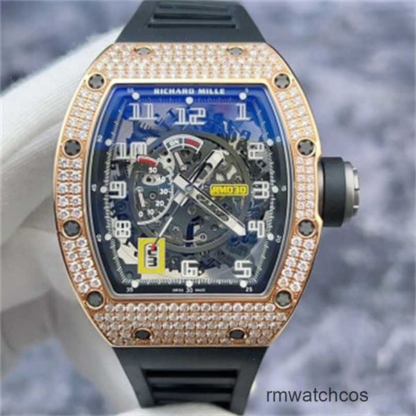 Relógios de luxo Richardmiler Mens Relógio Mecânico Cronógrafo Richardmiler Rm030 Diamante Original 18k Rose Gold Material Oco Out Design Calendário Dynamic Stor