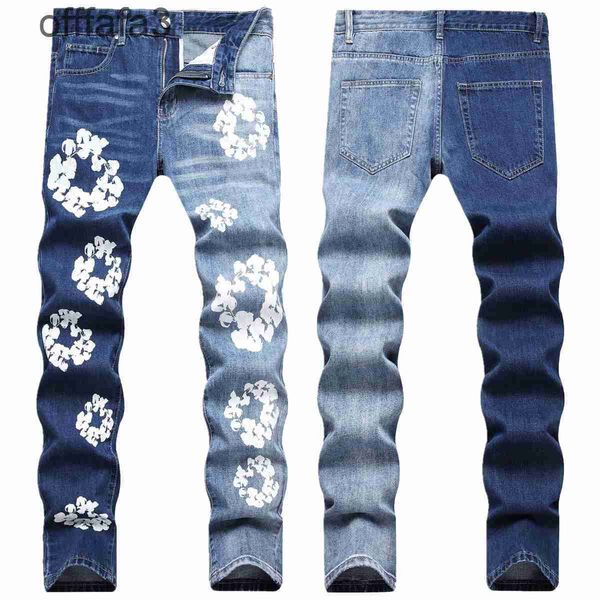 Lila Jeans-Herrenhose, gebratenes Salz, tief und leicht, Yin-Yang-Farbe, Patchwork, bedruckt, Katzenschnurrhaar, kleiner, gerader Schlauch, nicht elastisch, für Herren