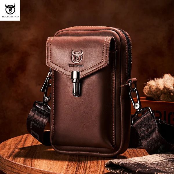 Bullcaptain bolsa de cintura masculina de couro crazy horse, bolsa multifuncional de 7 polegadas para celular, ombro mensageiro, marrom 240103