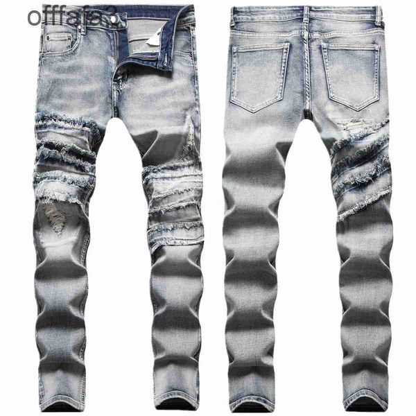 Lila Jeans Herren Hose 2021 Herbst New Style Wind Cut Splice Folded Burr Edge Full Sweep Craft Slim Fit Heavy Wash Jeans