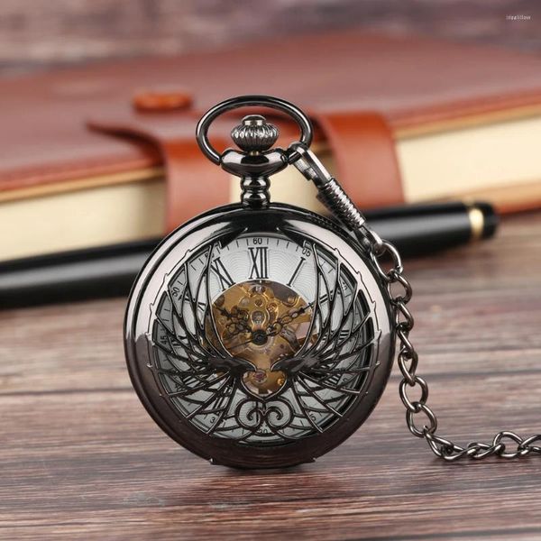 Relógios de bolso vintage preto/bronze oco asas padrão relógio mecânico masculino luxo pingente relógio mão-vento movimento relógio