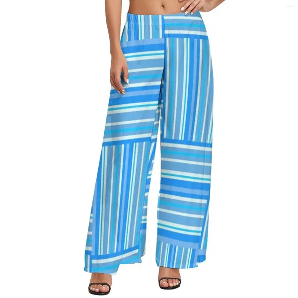 Calças femininas azul e branco listrado feminino linhas coloridas impressão streetwear calças de cintura alta moderna perna larga ideia de presente