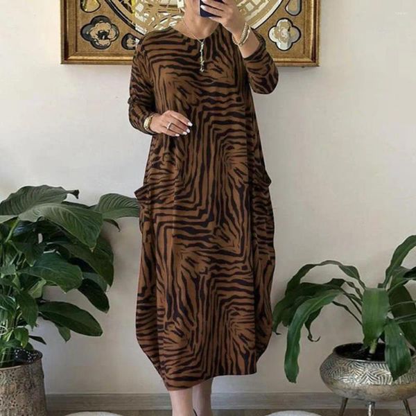 Vestidos casuais mulheres maxi vestido oversized manga longa o pescoço cor combinando leopardo impressão bolsos tornozelo comprimento senhora outono primavera