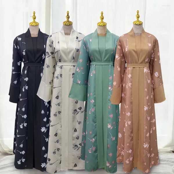 Roupas étnicas Médio Oriente Dubai Turco Impresso Cardigan Mangas Compridas Robe Elegante Muçulmano Abaya Aberto com Macacão Terno de Duas Peças