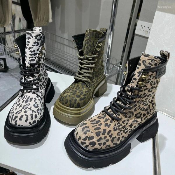 Stiefel Leopard Print Damen 2024 Winterplattform High Top Schnürmotorrad Mode Gothic Schuhe Botas de Mujer