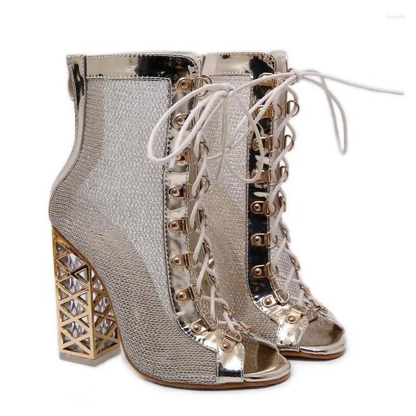 Kleid Schuhe Damen Fischmaul Mode Sexy Golden Glitter Gladiator High Heels Sommer Riemchen Dicker Absatz Sandalen