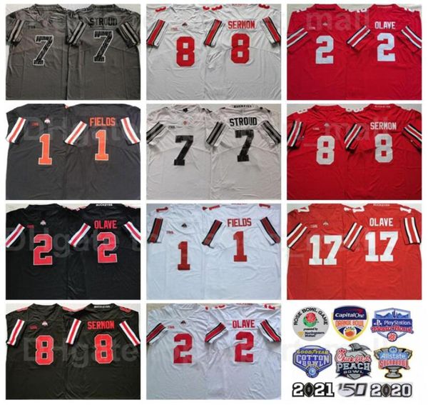 Ohio State Buckeyes College 2 Chris Olave Jersey Homens Futebol 7 CJ Stroud 8 Trey Sermon 1 Justin Fields 33 Master gue III Universidade Vermelho Preto Branco Cinza m1810941