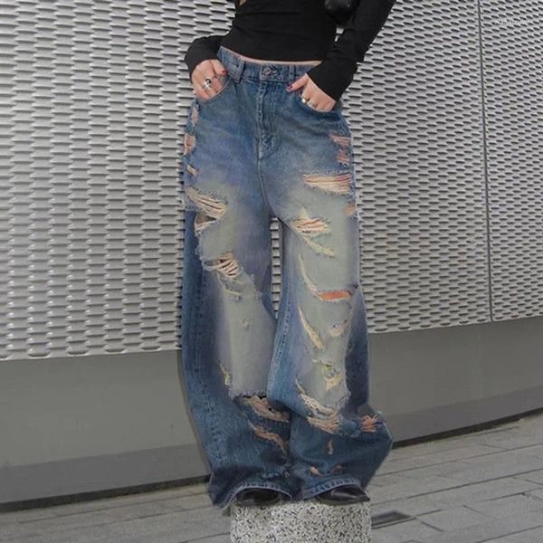 Jeans da donna American Street Trend Super Cool Strappato Fare Vecchio Gamba larga allentata Vita bassa Vintage Primavera 2024 Pantaloni denim da donna Y2k