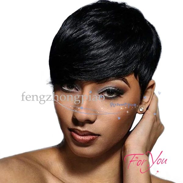 Perücken Feng zhong piao Großhandel kurze schwarze Perücken brasilianisches reines Haar gerade synthetische Haarperücken für schwarze Frauen volle Perücke Pixie Cut H