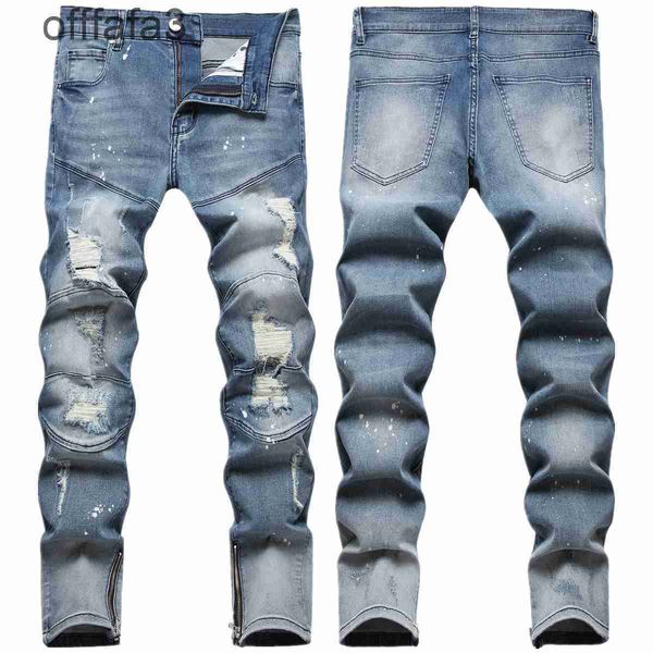 Lila Jeans Herrenhose Mosaik Komplex Nostalgische Farbe Affe Punkt Handspritzprozess Defekter Patch Fuß Mode Trendige Jeanshose