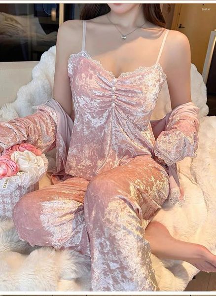 Mulheres sleepwear outono e inverno canário pijama três conjuntos com almofada de peito borda de renda ouro diamante veludo casa desgaste mangas compridas