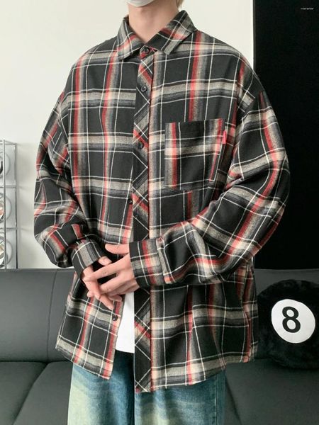 Camicie casual da uomo coreano a maniche lunghe da uomo comode camicette allentate stile college coppia camicia a quadri a righe in cotone 2024