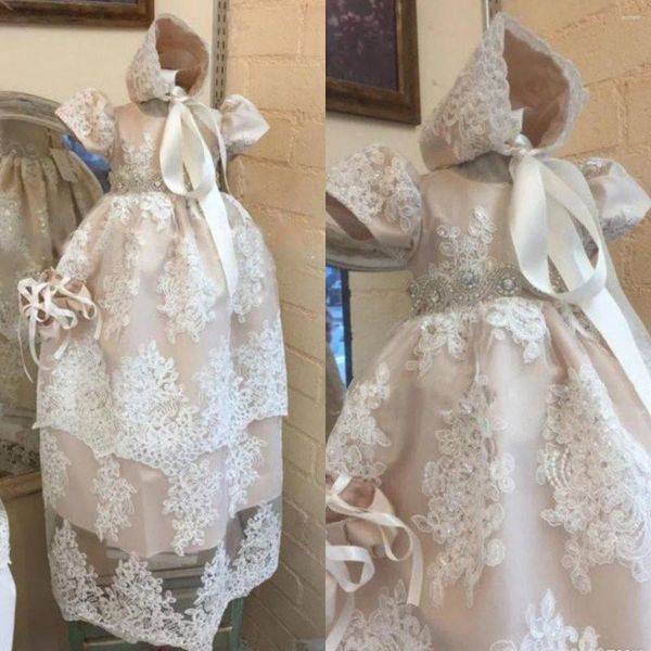 Vestidos de menina rosa rendas vestidos de batismo para bebês meninas mangas curtas faixa de cristal apliques batismo