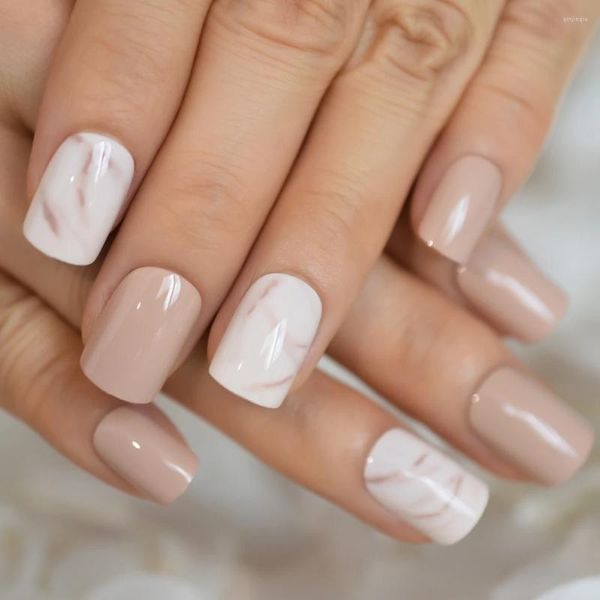 Pregos Falsos 24 Pcs Falso Cáqui Nude Mármore Plano Artificial Dicas de Unhas Curtas para Escritório Casa Falso Ongle Livre Jelly Glue Adesivo