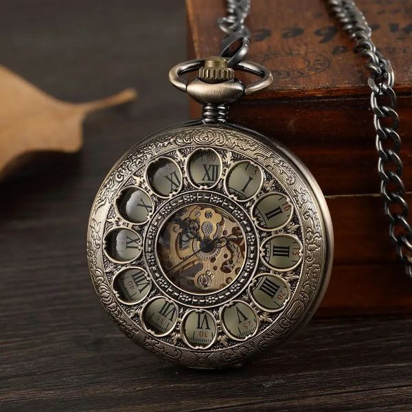 Antigo redondo oco nostálgico relógio de bolso mecânico retro com corrente steampunk relógio colar de jóias masculino e feminino 240103