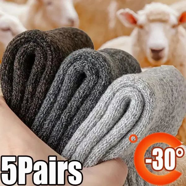 Meia Super Fria Lã Merino Mulheres Inverno Terry Mais Grosso Againt Neve 5 pares Quentes Homens Masculinos Sólidos 240103