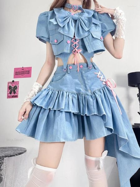 Vestidos de trabalho verão kawaii designer 3 peça conjunto feminino moda coreana festa mini saia terno feminino arco com tiras elegante roupas vintage 2024