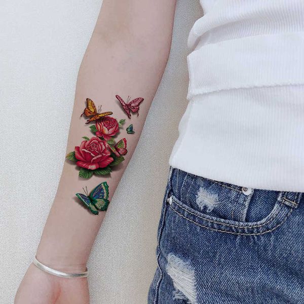 Máscara colorida de braço com colar de flor de rosa, borboleta d, simulação sexy, fotografia de transferência de água, adesivo de tatuagem à prova d'água