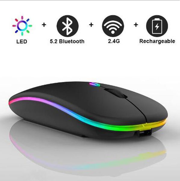 Ratos Bluetooth sem fio recarregáveis com receptor 2.4G 7 cores LED Backlight Silent Mice USB Optical Office Gaming Mouse para computador desktop laptop PC jogo novo