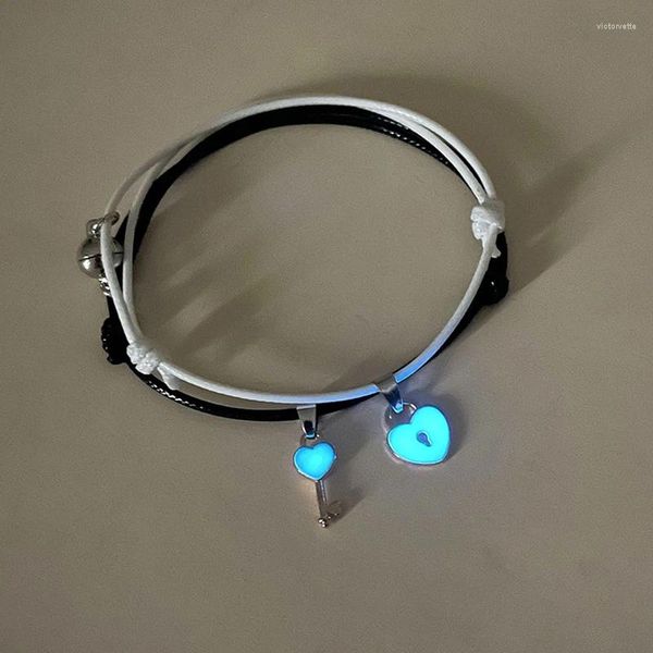 Braccialetti con ciondoli 2 pz/set Luminoso Serratura a Chiave Coppia Bracciale Set Per Le Donne Degli Uomini Corda di Cera Regolabile Corrispondenza Amico Gioielli