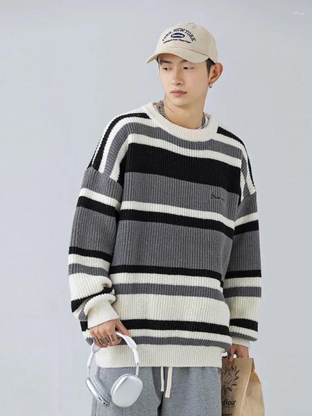 Herrenpullover im japanischen Stil, gestreifter Pullover, Herbst- und Wintermodelle, Retro, vielseitiger Pullover, dicke Nadel, lockerer Modetrend, Strickwaren