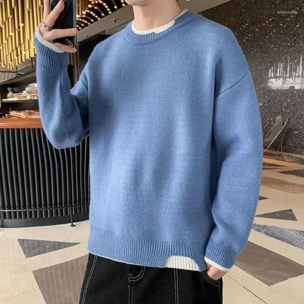 Erkek Sweaters Adam Giysileri Crewneck Birleştirilmiş Erkekler İçin Örtüler Pembe Yuvarlak Yaka Pürüzsüz Kış Kış Eski Isıtmalı Büyük Boyut