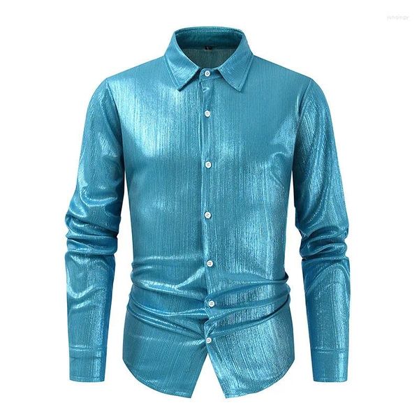 Männer Kleid Hemden Blau Glänzend Langarm Hemd Für Party Nachtclub Marke Pailletten Männlich Stilvolle Trend Bühne Prom Chemise hombre