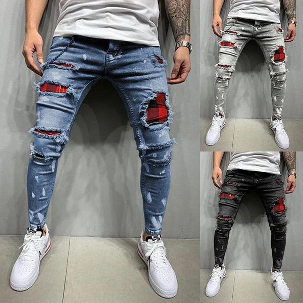 Jeans masculinos homens moda skinny denim calças angustiadas patches xadrez rasgados slim fit calças masculinas