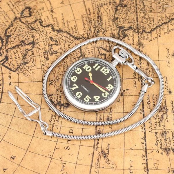 Masa Saatleri Retro Cep Kolye Saati Aydınlık Arap Sayılar 30 cm Gümüş Fob Zinciri ile Mekanik Kendi Kendinden Sarılma Saati
