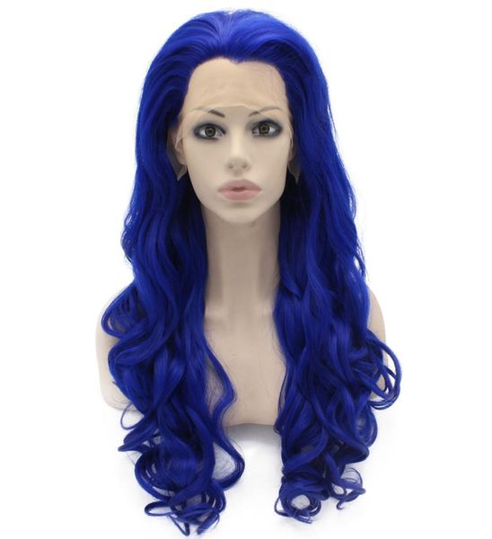 Parrucca blu gioiello ondulata con corpo, capelli sintetici lunghi, parte anteriore in pizzo, parrucca per cosplay da donna alla moda9490456