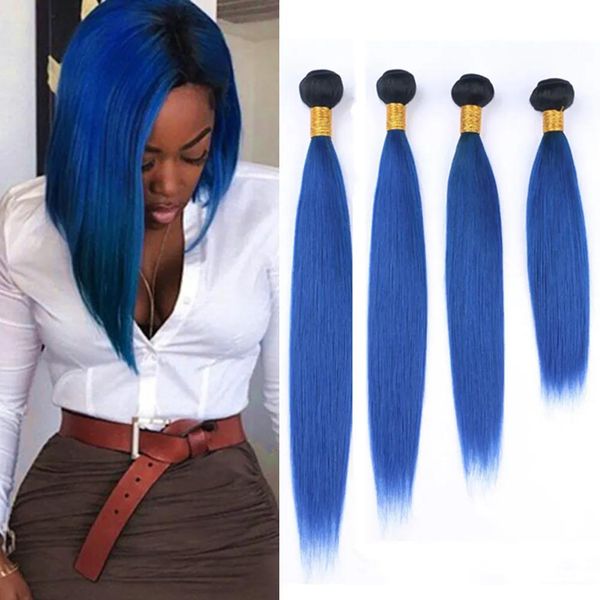 Trame # 1B Ombre blu capelli lisci fasci di capelli umani neri e blu scuro Ombre capelli vergini brasiliani tesse trama di capelli umani bicolore Extensi