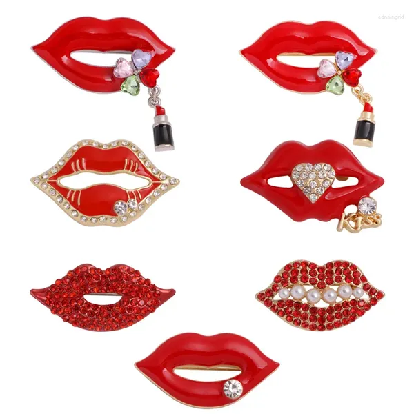 Spille Labbra con strass smaltate rosse per le donne Ragazze Moda Bocca sexy Perla Brillante Collare Spilla Banchetto Festa Gioielli quotidiani Regalo