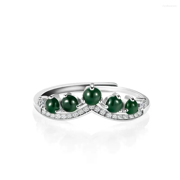 Anéis de Cluster Real Sólido 925 Sterling Silver Mulheres Natural A Grade Jade Jadeite Black Green Bead Crown Ring