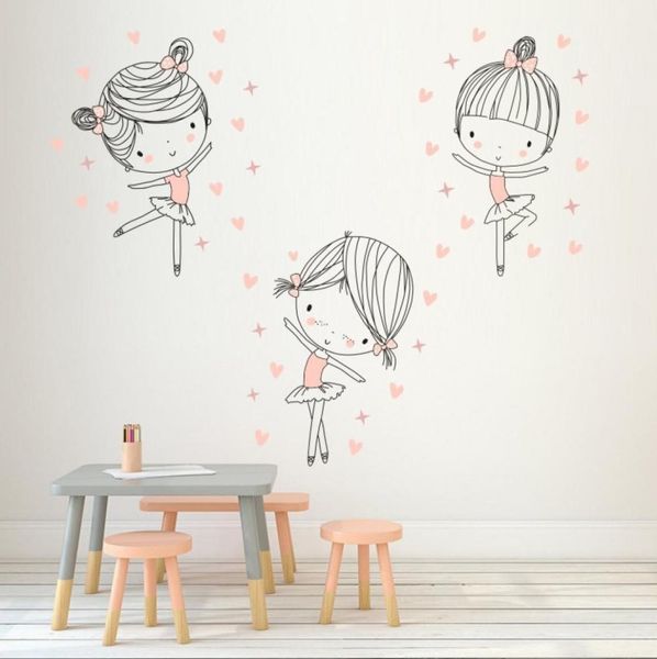 3pcs/conjunto Balé fofo garotas dançando adesivos de parede de parede de desenhos animados Decalque de parede de desenhos animados para crianças Decoração da casa do quarto JH2017 Y2001031753680