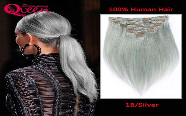 Clip-in-Haarverlängerung für glattes brasilianisches Echthaar, silbergraue Farbe, 7-teiliges Set, 120 g Clips, graue Haarverlängerung, 2374708