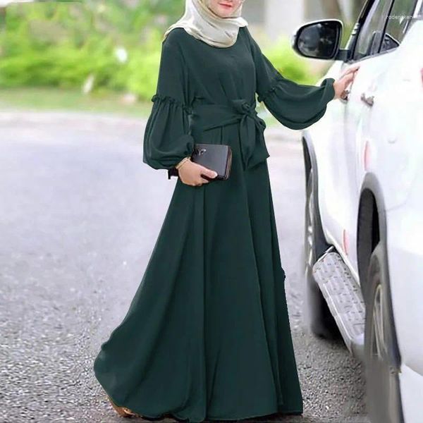 Roupas étnicas Produtos Impostos Turquia Vestidos Muçulmanos para Mulheres O Pescoço Robe Cor Sólida Manga Longa Ruffle Cinto Maxi Vestido Islâmico
