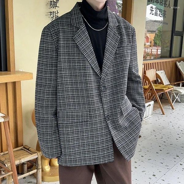 Herrenanzüge Mode Oversize Plaid Blazer Jacke Männer japanischen Stil Kleidung Vintage Casual Loose Grid Anzug Mantel Hip Hop Streetwear Khaki