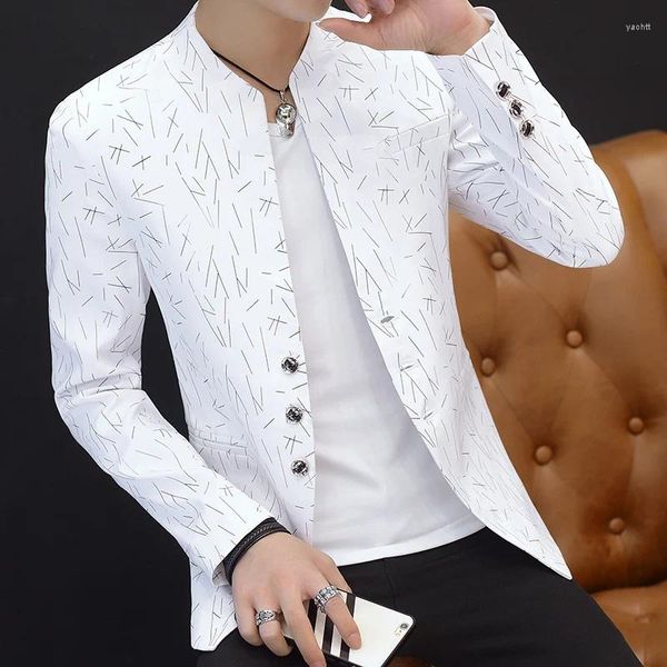 Ternos masculinos modernos blazer fino ajuste branco terno floral mandarim colarinho jaqueta de verão roupas coreanas