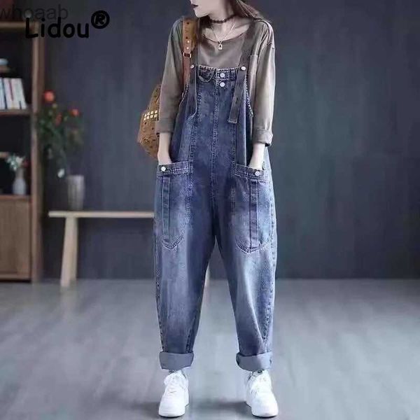 Jeans femininos vintage casual streetwear grande bolso solto jeans harem calças macacão feminino estilo coreano baggy denim macacão calças yq240104