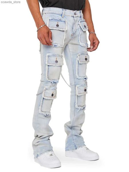 Calças masculinas indústria pesada multi bolsos design denim calças de carga homens streetwear roupas masculinas y2k estética elástica magro ajuste jeans para homem q240104