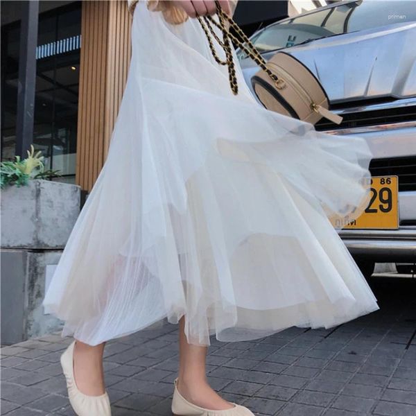 Юбки Элегантная юбка, женская тюлевая юбка длиной до щиколотки, корейская мода, милое платье с высокой талией, сказочное женское длинное платье