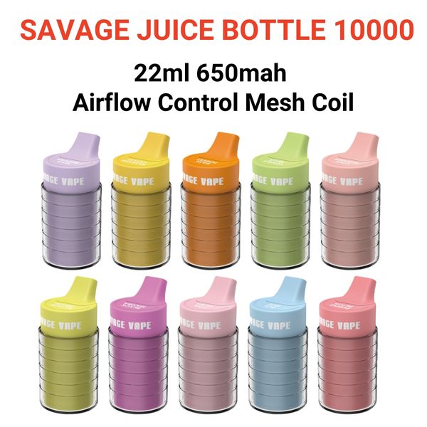 Autentico Savage Juice Bottle puff 10k vaper puffbar all'ingrosso 22ml 2% 3% 5% Controllo del flusso d'aria Mesh Coil Einweg Vape 10000 sbuffi Ricaricabile