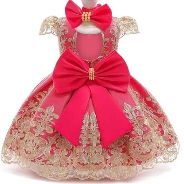 Kleider Baby Mädchen 1 Jahr Geburtstag Kleid Bogen Prinzessin Kleid geboren Taufkleider Tutu Party Jahr Baby Mädchen Kleidung mit Stirnband LJ201221