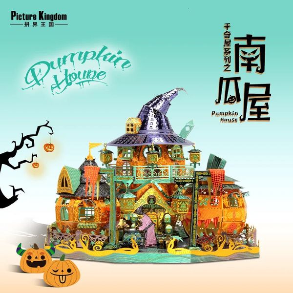 Picture Kingdom Edelstahl 3D Metall Puzzle Kürbishaus Modell DIY Laserschneiden Puzzle Spielzeug für Kinder Halloween Geschenk 240104