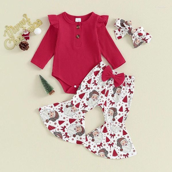 Kleidung Sets Baby Mädchen 3PCS Hosen Rot Langarm Rüschen Strampler Santa Claus Print Ausgestelltes Stirnband