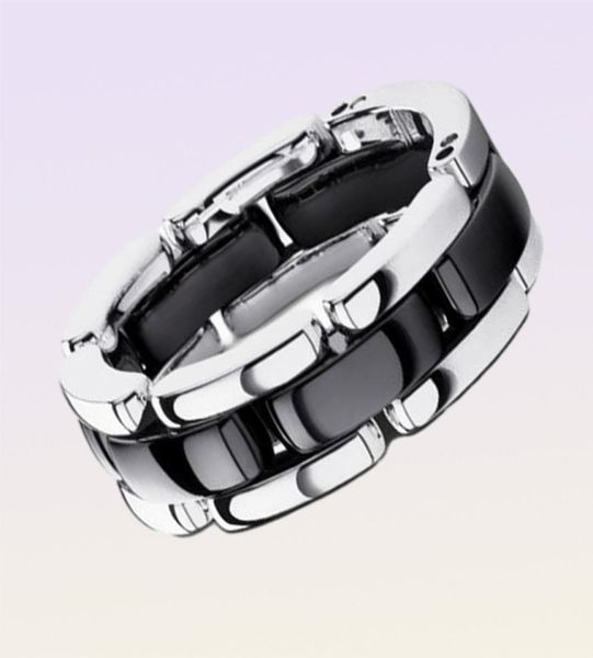Anéis de cluster Top Quality Double Row Black Ceramic Watch Chain Estilo Anel Jóias de Aço Inoxidável para Mulheres 8129978