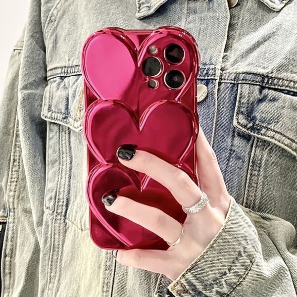 Moda yığılmış kalpler kaplama iPhone için gül çanta 15 14 13 11 12 Pro Max Sıcak Kız 3D Silikon Arka Telefon Kapağı Funda Coque Capa